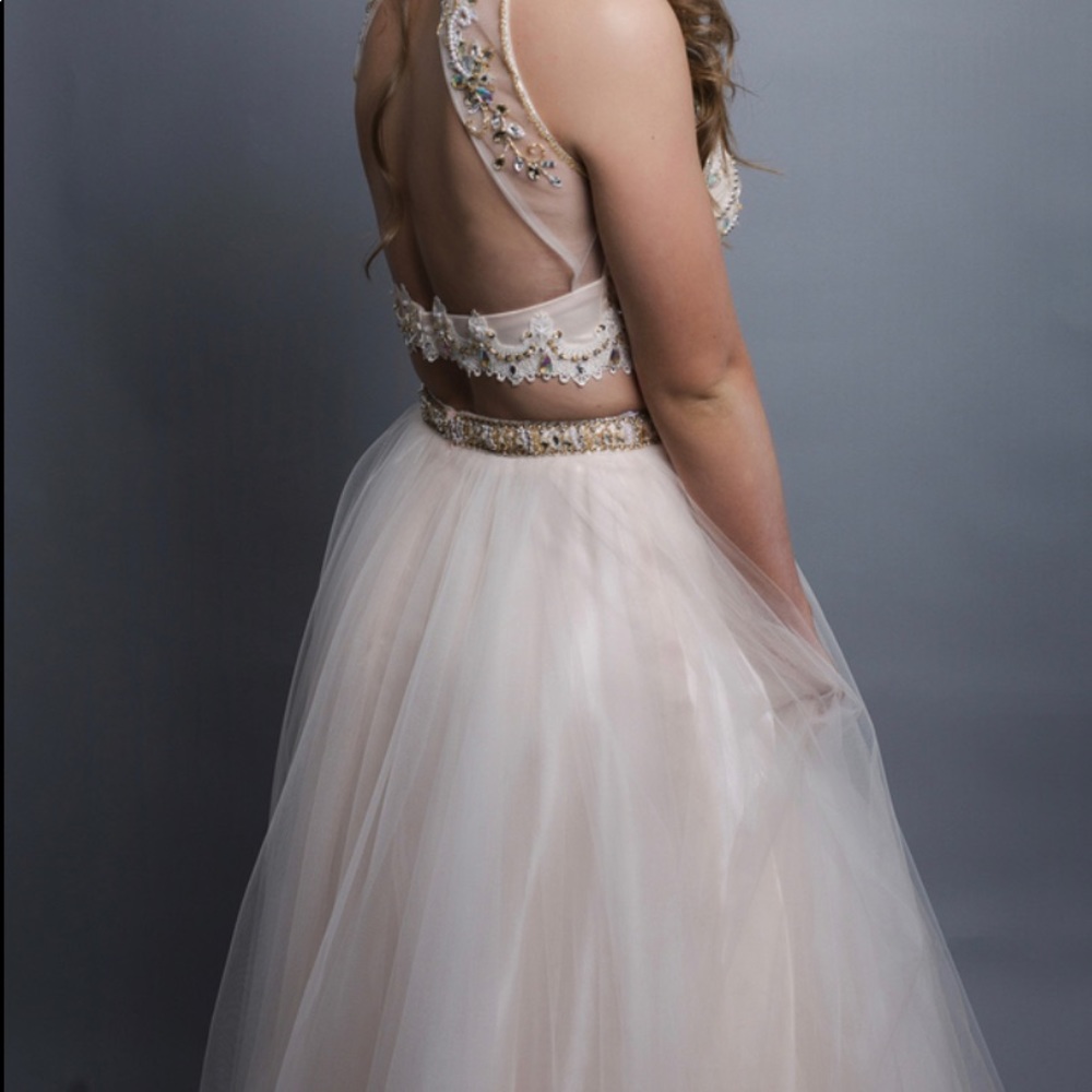 Alyce Paris two piece blush and gold prom dress